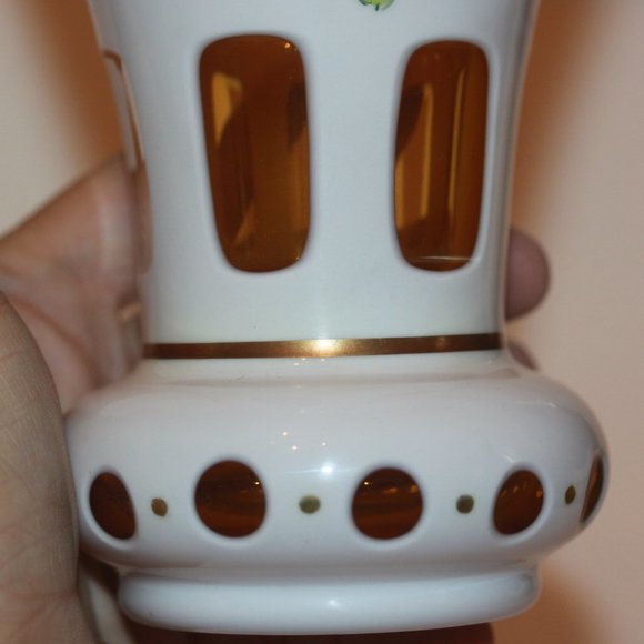 Vintage Bohemian Czech Glass Vase White Cased to Yellow Hand Painted Flowers - Picture 3 of 5